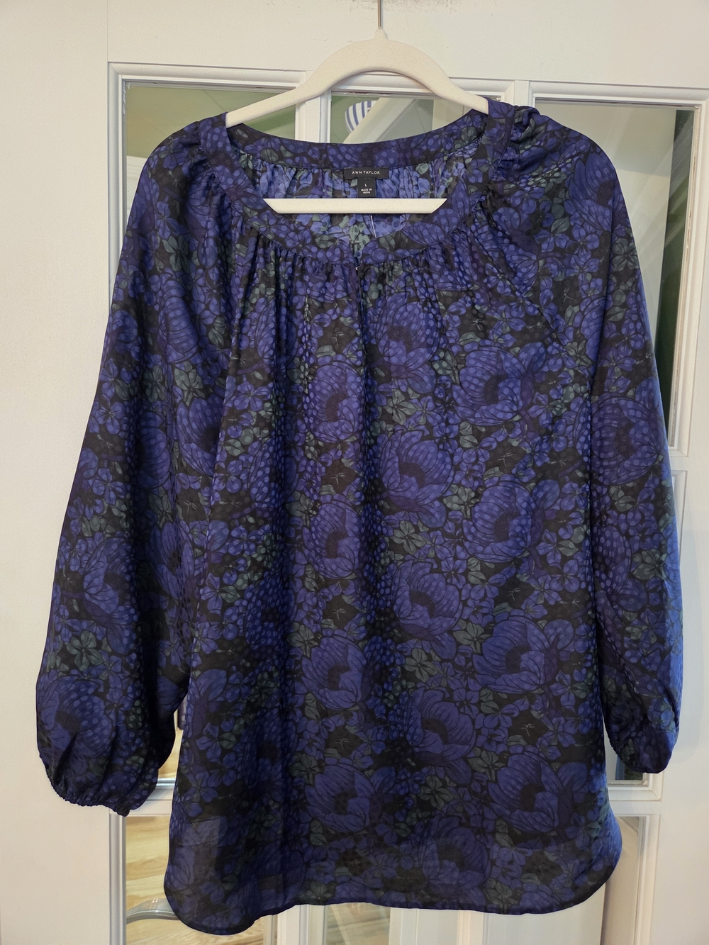 Ann Taylor Blue and Black Floral Peasant Top - Size L